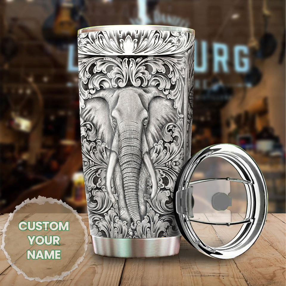 Camellia Personalized Elephant Pattern Silver Style Stainless Steel Tumbler-Sweat-Proof Travel Tharma Cup With Lid