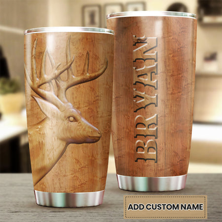 Camellia Persionalized 3D Deer Wood Style Stainless Steel Tumbler - Customized Double - Walled Insulation Travel Thermal Cup With Lid