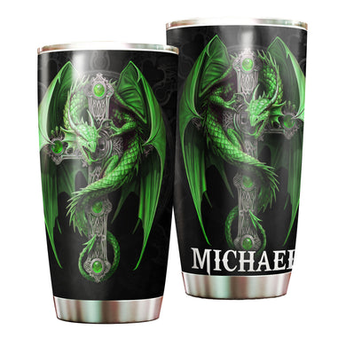 Camellia Personalized Green Dragon Cross Stainless Steel Tumbler - Customized Double-Walled Insulation Travel Thermal Cup With Lid Gift For Christian