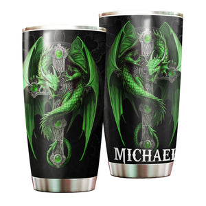 Camellia Personalized Green Dragon Cross Stainless Steel Tumbler - Customized Double-Walled Insulation Travel Thermal Cup With Lid Gift For Christian