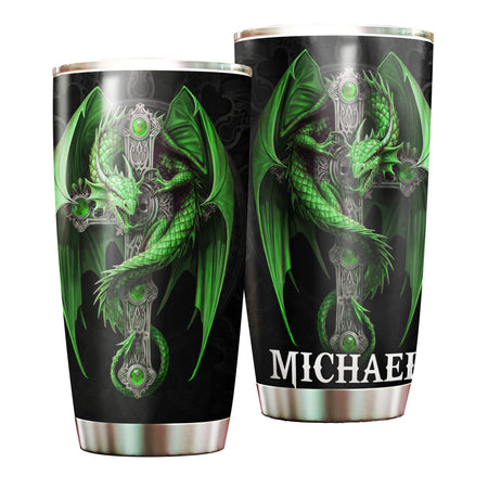 Camellia Personalized Green Dragon Cross Stainless Steel Tumbler - Customized Double-Walled Insulation Travel Thermal Cup With Lid Gift For Christian