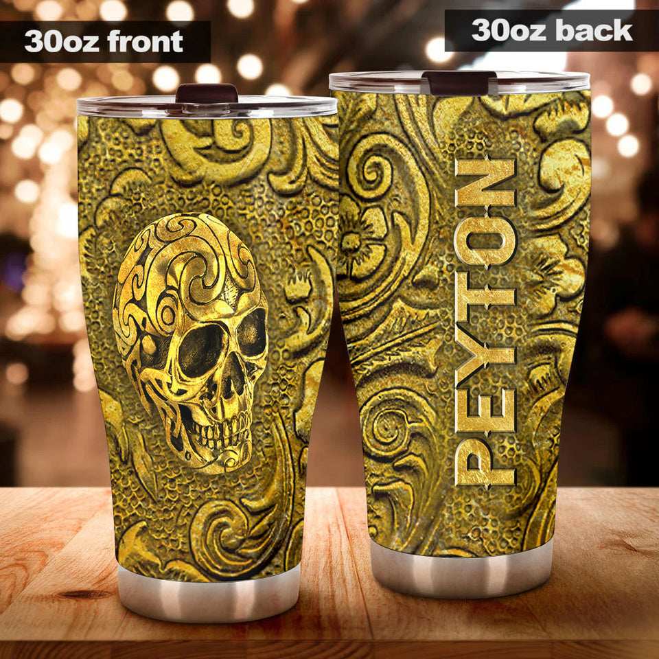 Camellia Personalized Golden Skull Stainless Steel Tumbler - Customized Double-Walled Insulation Travel Thermal Cup With Lid