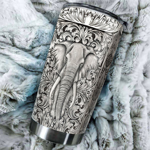 Camellia Personalized Elephant Pattern Silver Style Stainless Steel Tumbler-Sweat-Proof Travel Tharma Cup With Lid