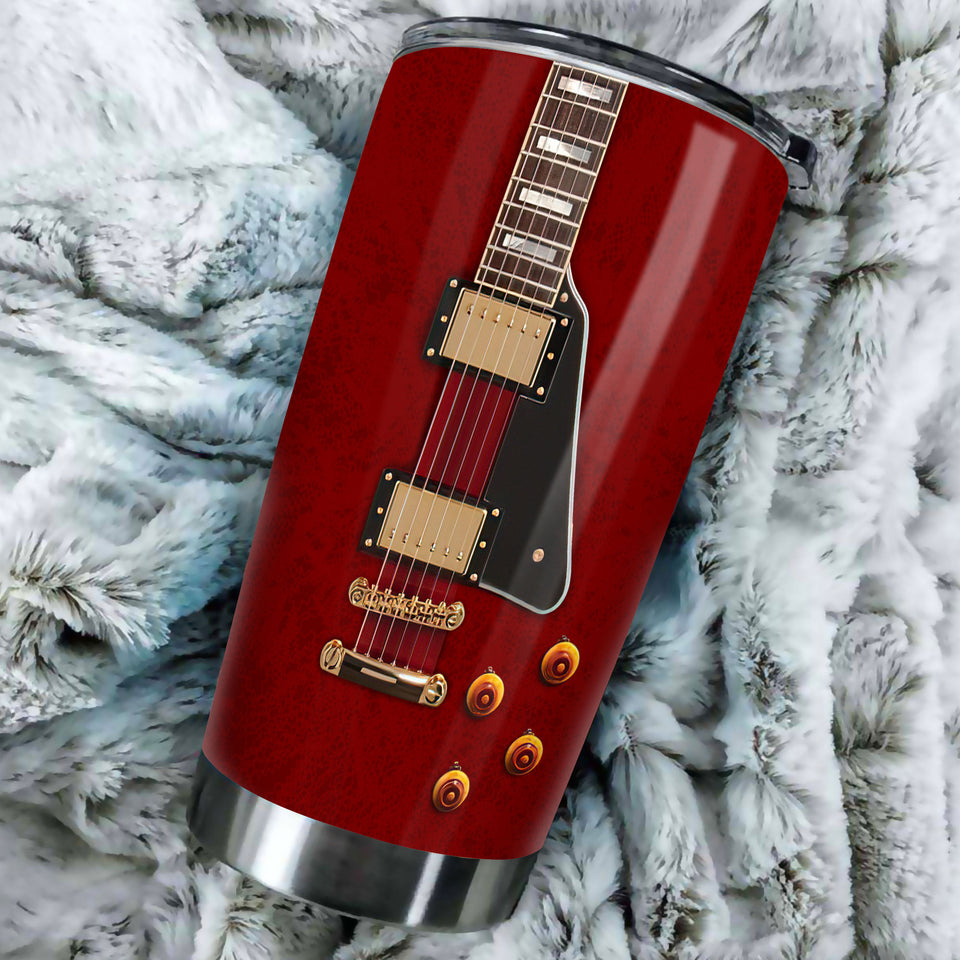 Camellia Personalized Guitar Surface Stainless Steel Tumbler - Customized Double-Walled Insulation Travel Thermal Cup With Lid Gift For Guitarist