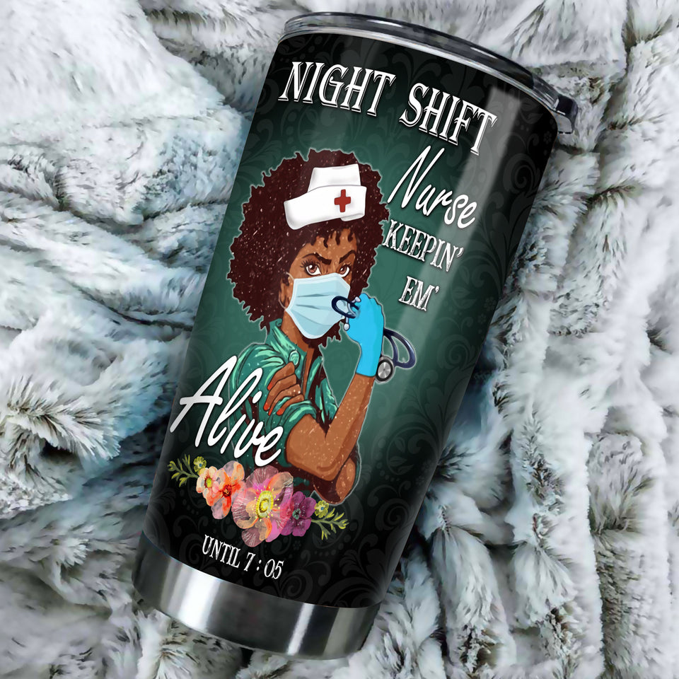 Camellia Personalized Black Nurse Night Shift Stainless Steel Tumbler - Double-Walled Insulation Vacumm Flask - Gift For Black Queen, International Women's Day, Nurse's Day