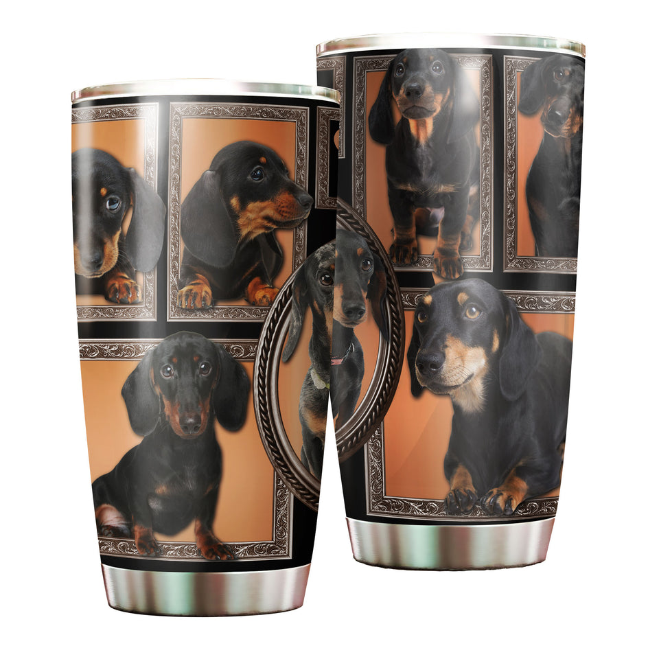 Camellia Personalized 3D Black Dachshund Stainless Steel Tumbler - Customized Double-Walled Insulation Travel Thermal Cup With Lid Gift For Dog Lover