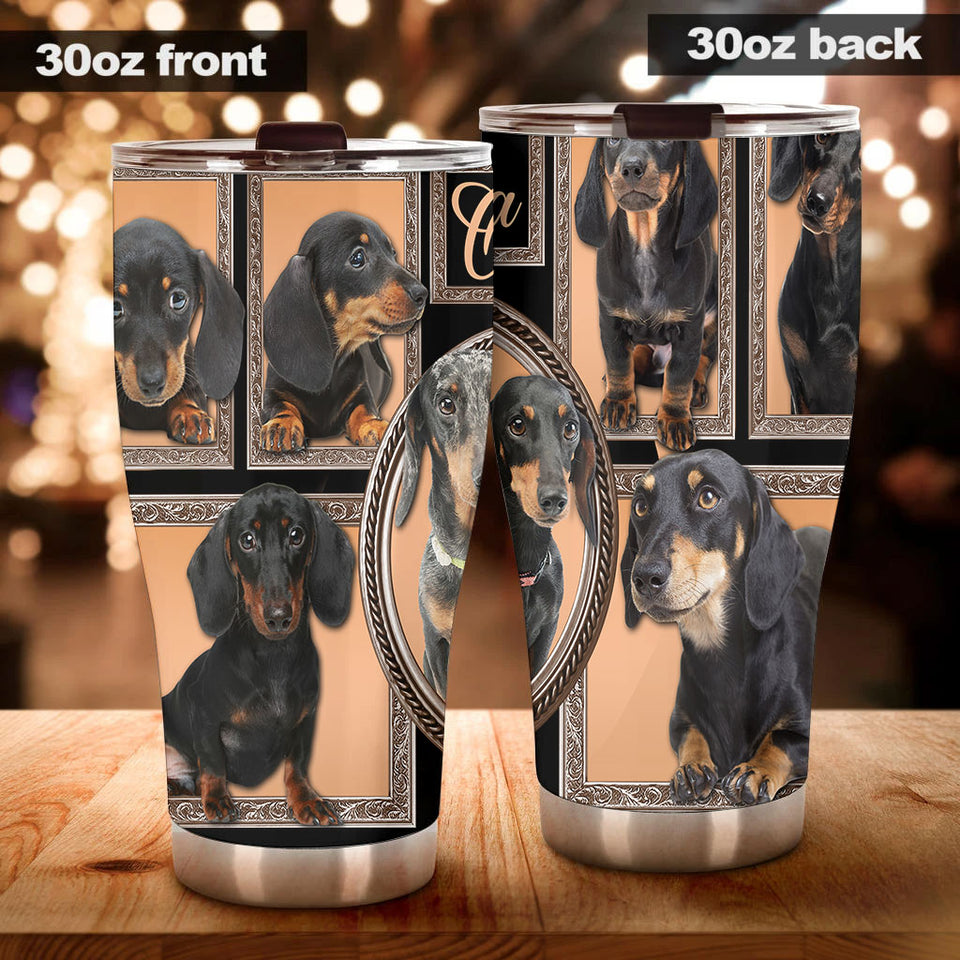 Camellia Personalized 3D Black Dachshund Stainless Steel Tumbler - Customized Double-Walled Insulation Travel Thermal Cup With Lid Gift For Dog Lover