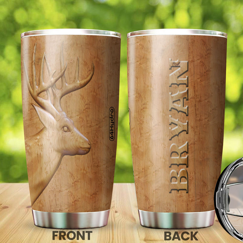 Camellia Persionalized 3D Deer Wood Style Stainless Steel Tumbler - Customized Double - Walled Insulation Travel Thermal Cup With Lid