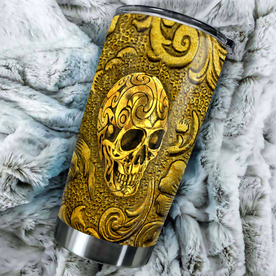 Camellia Personalized Golden Skull Stainless Steel Tumbler - Customized Double-Walled Insulation Travel Thermal Cup With Lid