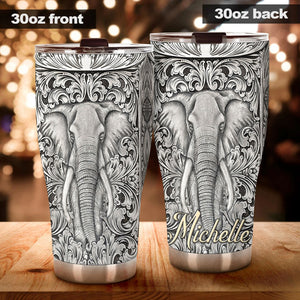 Camellia Personalized Elephant Pattern Silver Style Stainless Steel Tumbler-Sweat-Proof Travel Tharma Cup With Lid