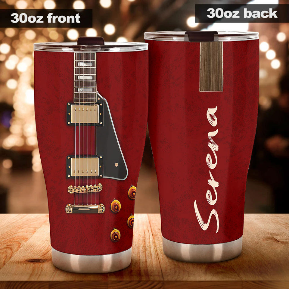 Camellia Personalized Guitar Surface Stainless Steel Tumbler - Customized Double-Walled Insulation Travel Thermal Cup With Lid Gift For Guitarist