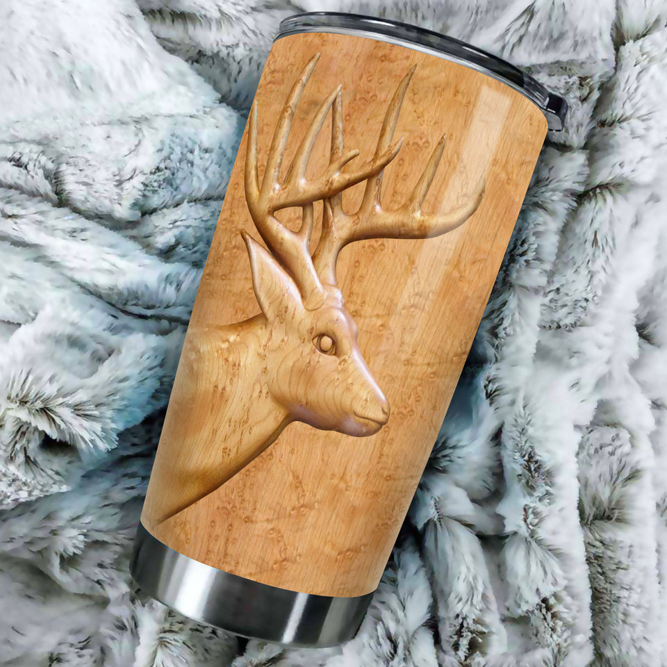 Camellia Persionalized 3D Deer Wood Style Stainless Steel Tumbler - Customized Double - Walled Insulation Travel Thermal Cup With Lid