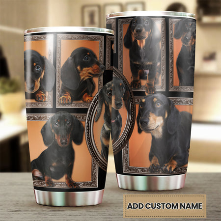 Camellia Personalized 3D Black Dachshund Stainless Steel Tumbler - Customized Double-Walled Insulation Travel Thermal Cup With Lid Gift For Dog Lover