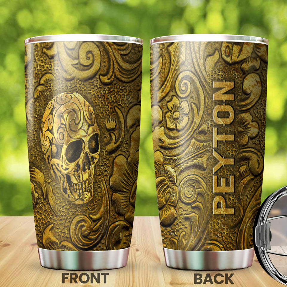Camellia Personalized Golden Skull Stainless Steel Tumbler - Customized Double-Walled Insulation Travel Thermal Cup With Lid