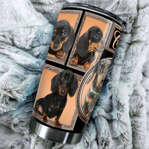 Camellia Personalized 3D Black Dachshund Stainless Steel Tumbler - Customized Double-Walled Insulation Travel Thermal Cup With Lid Gift For Dog Lover