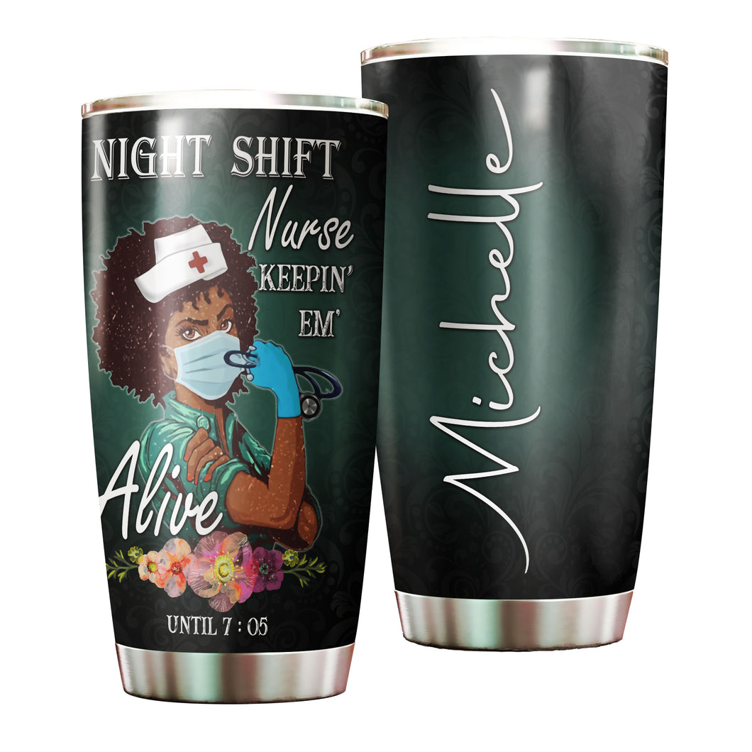 Camellia Personalized Black Nurse Night Shift Stainless Steel Tumbler - Double-Walled Insulation Vacumm Flask - Gift For Black Queen, International Women's Day, Nurse's Day