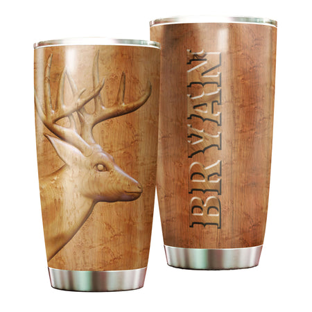 Camellia Persionalized 3D Deer Wood Style Stainless Steel Tumbler - Customized Double - Walled Insulation Travel Thermal Cup With Lid