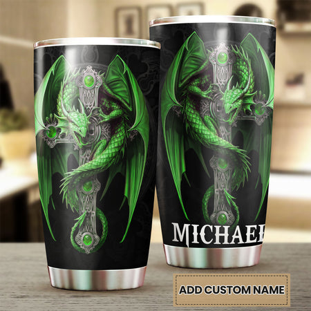 Camellia Personalized Green Dragon Cross Stainless Steel Tumbler - Customized Double-Walled Insulation Travel Thermal Cup With Lid Gift For Christian