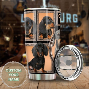 Camellia Personalized 3D Black Dachshund Stainless Steel Tumbler - Customized Double-Walled Insulation Travel Thermal Cup With Lid Gift For Dog Lover