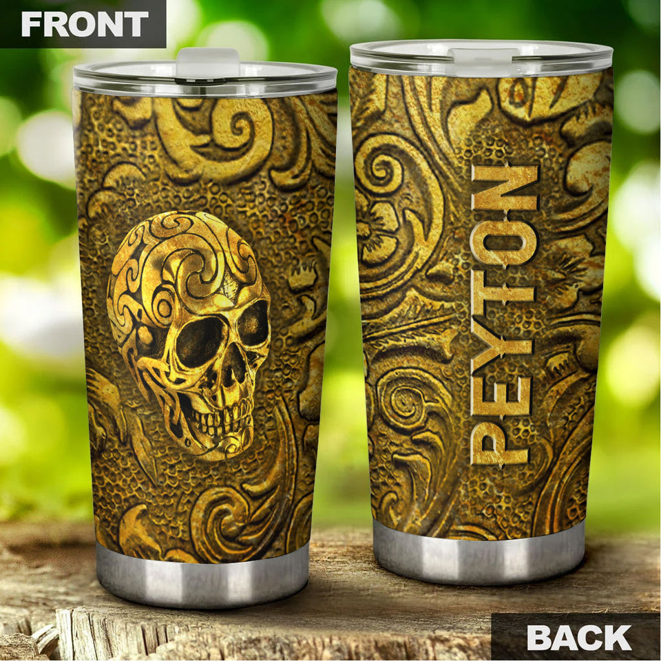Camellia Personalized Golden Skull Stainless Steel Tumbler - Customized Double-Walled Insulation Travel Thermal Cup With Lid