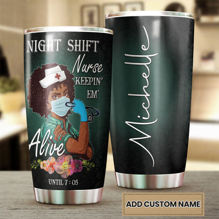 Camellia Personalized Black Nurse Night Shift Stainless Steel Tumbler - Double-Walled Insulation Vacumm Flask - Gift For Black Queen, International Women's Day, Nurse's Day