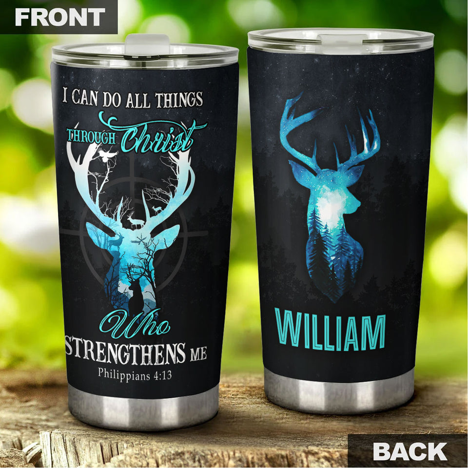 Camellia Personalized Deer I Can Do Allthings Through Christ Who Strengthens Me Stainless Steel Tumbler - Customized Double-Walled Insulation Travel Thermal Cup With Lid Gift For Deer Lover Christian