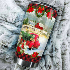 Camellia Personalized Vintage Christmas Truck Stainless Steel Tumbler - Customized Double-Walled Insulation Travel Thermal Cup With Lid