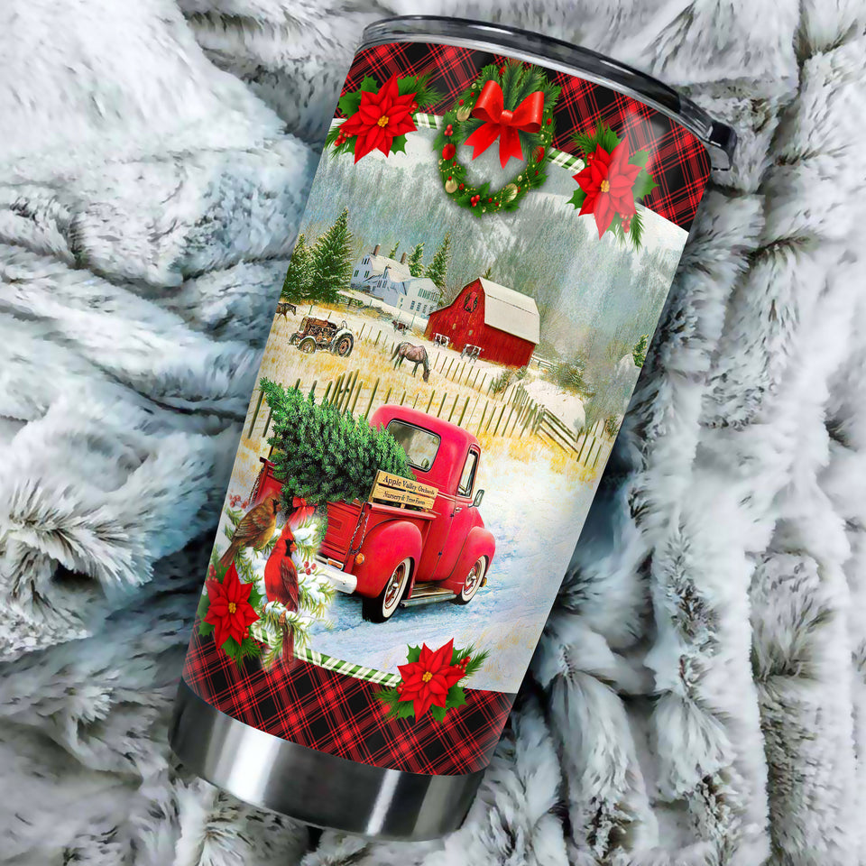 Camellia Personalized Vintage Christmas Truck Stainless Steel Tumbler - Customized Double-Walled Insulation Travel Thermal Cup With Lid