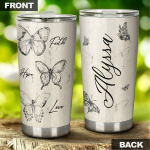 Camellia Personalized Butterfly Faith Hope Love White Stainless Steel Tumbler-Double-Walled Travel Therma Cup With Lid 01
