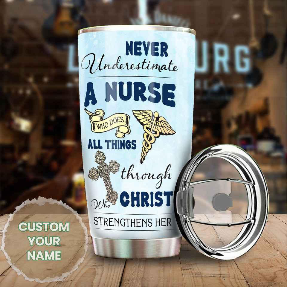 Camellia Personalized Never Underestimate A Nurse With Faith Stainless Steel Tumbler - Double-Walled Insulation Vacumm Flask - Gift For Nurse, Christmas Gift, International Nurses Day