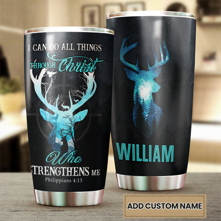 Camellia Personalized Deer I Can Do Allthings Through Christ Who Strengthens Me Stainless Steel Tumbler - Customized Double-Walled Insulation Travel Thermal Cup With Lid Gift For Deer Lover Christian