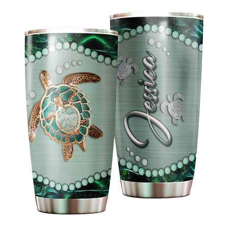 Camellia Personalized Turtle Mom And Baby Stainless Steel Tumbler-Thermal Flask Travel Therma Cup With Lid