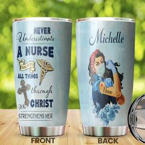 Camellia Personalized Never Underestimate A Nurse With Faith Stainless Steel Tumbler - Double-Walled Insulation Vacumm Flask - Gift For Nurse, Christmas Gift, International Nurses Day