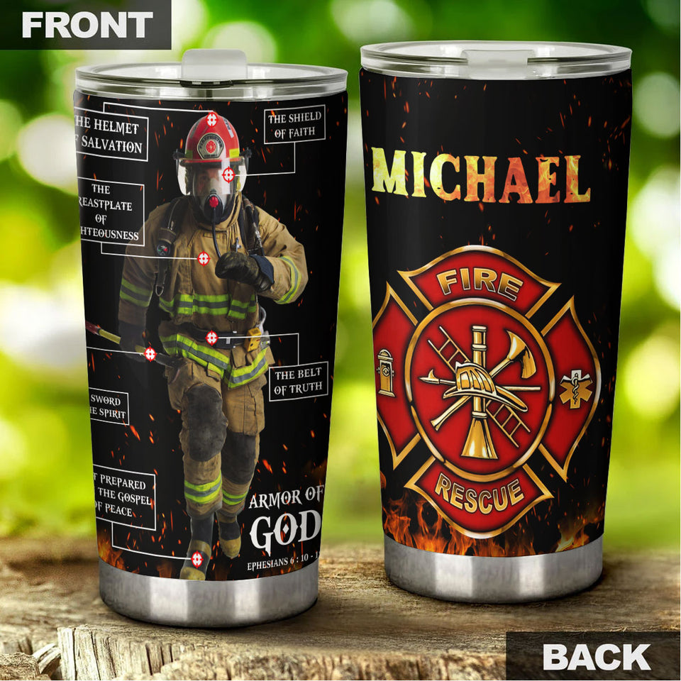 Camellia Personalized Firefighter Bible Armor Of God Stainless Steel Tumbler-Double-Walled Insulation Gift For Firefighter Fireman