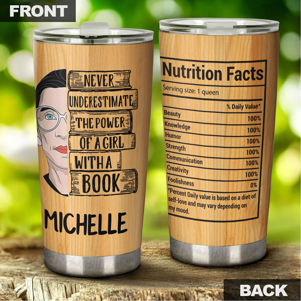 Camellia Personalized Book Reading Power Nutrition Facts Stainless Steel Tumbler - Double-Walled Insulation Vacumm Flask - Gift For Book Lovers, Nerd, International Book Day