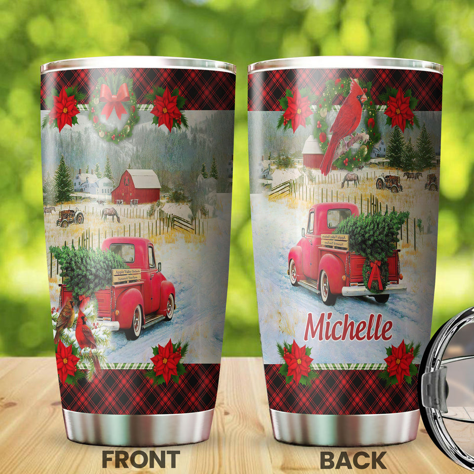 Camellia Personalized Vintage Christmas Truck Stainless Steel Tumbler - Customized Double-Walled Insulation Travel Thermal Cup With Lid