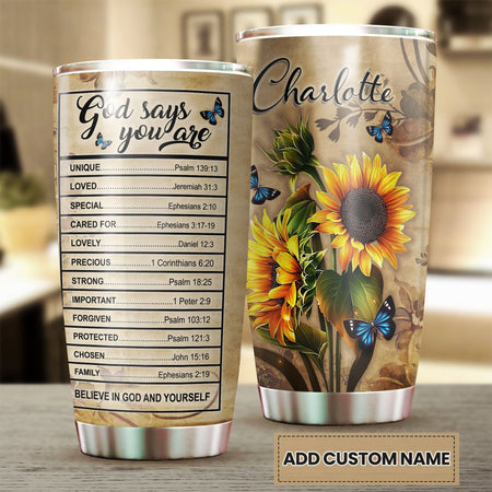 Camellia Personalized Faith God Says You Are Sunflower Stainless Steel Tumbler-Thermal Flask Travel Therma Cup With Lid