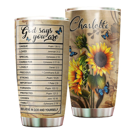 Camellia Personalized Faith God Says You Are Sunflower Stainless Steel Tumbler-Thermal Flask Travel Therma Cup With Lid