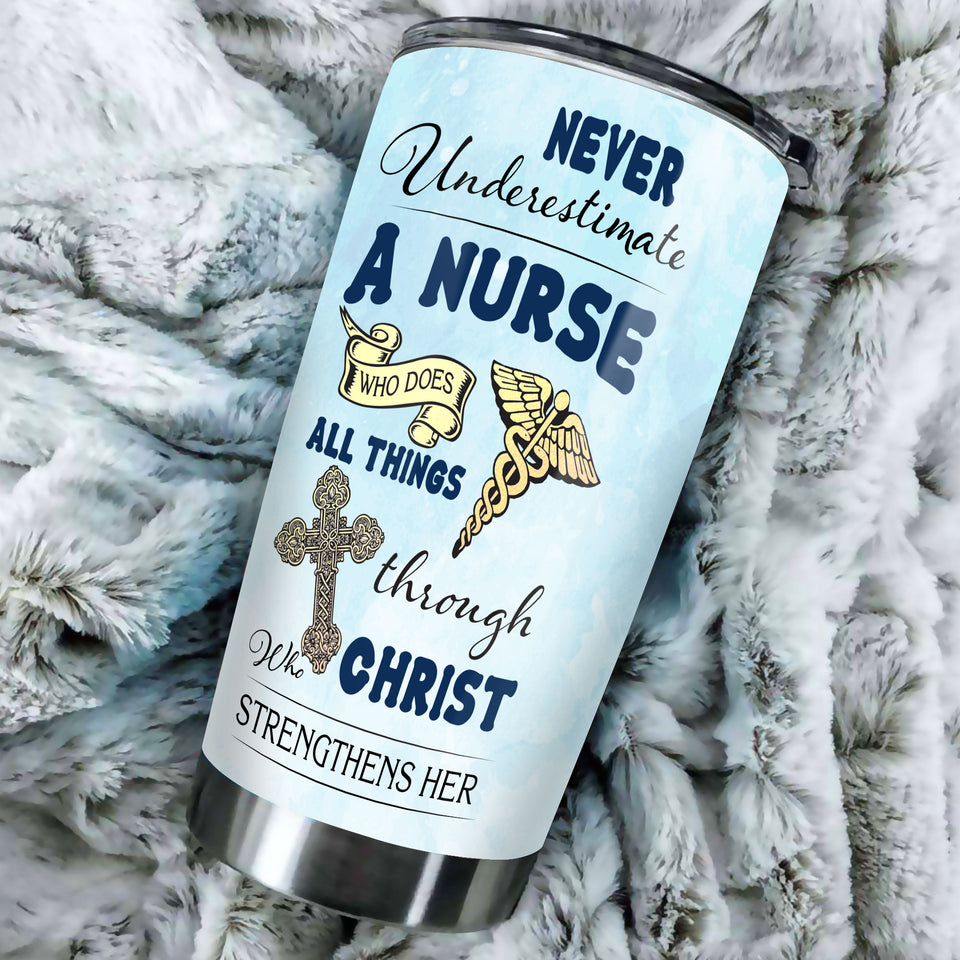 Camellia Personalized Never Underestimate A Nurse With Faith Stainless Steel Tumbler - Double-Walled Insulation Vacumm Flask - Gift For Nurse, Christmas Gift, International Nurses Day