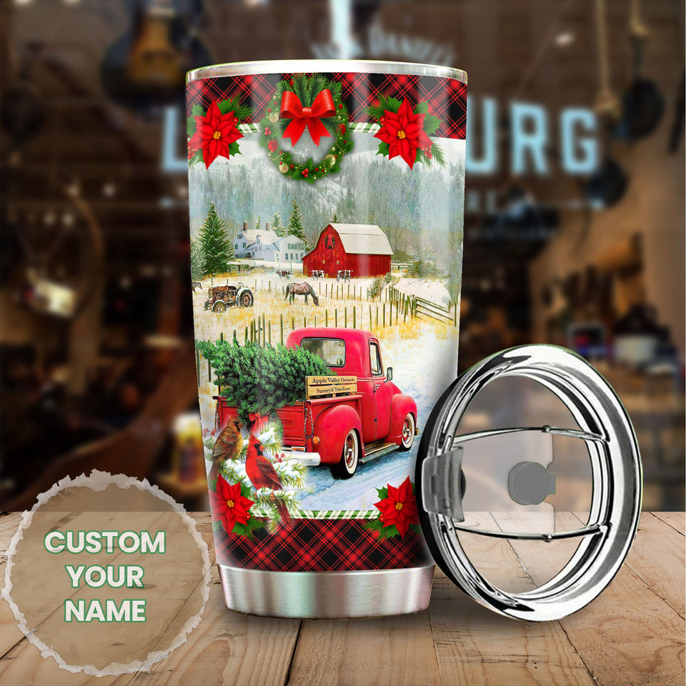 Camellia Personalized Vintage Christmas Truck Stainless Steel Tumbler - Customized Double-Walled Insulation Travel Thermal Cup With Lid