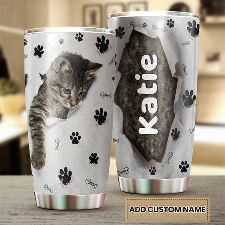 Camellia Personalized Cute Kittie Stainless Steel Tumbler-Double-Walled Insulation Cup With Lid Gift For Cat Lover Mom Cat