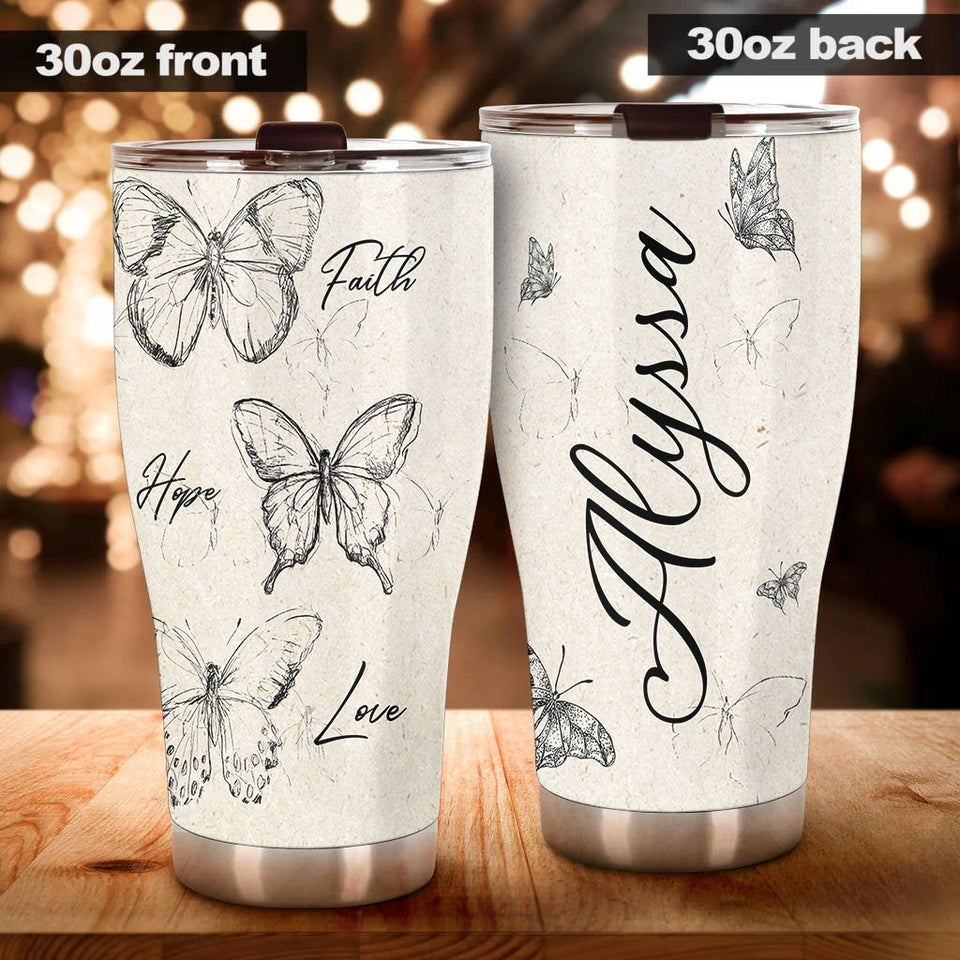 Camellia Personalized Butterfly Faith Hope Love White Stainless Steel Tumbler-Double-Walled Travel Therma Cup With Lid 01