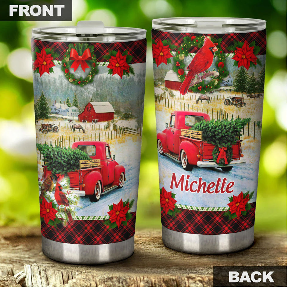 Camellia Personalized Vintage Christmas Truck Stainless Steel Tumbler - Customized Double-Walled Insulation Travel Thermal Cup With Lid