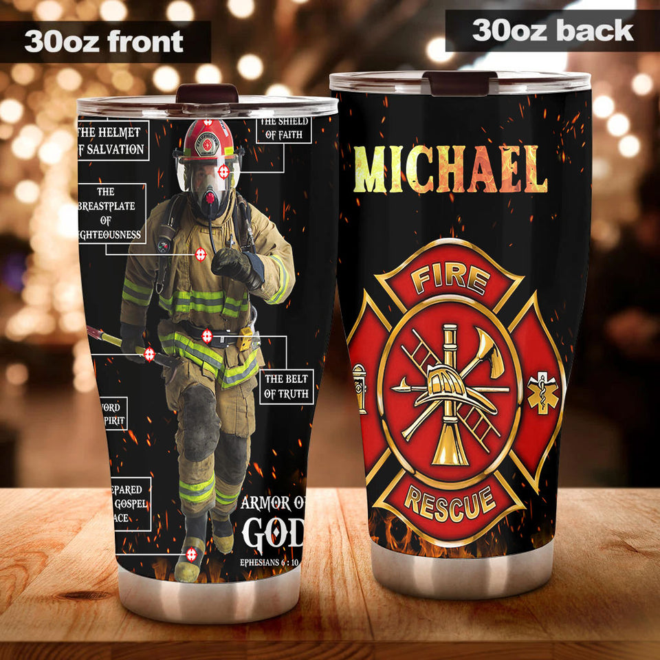 Camellia Personalized Firefighter Bible Armor Of God Stainless Steel Tumbler-Double-Walled Insulation Gift For Firefighter Fireman