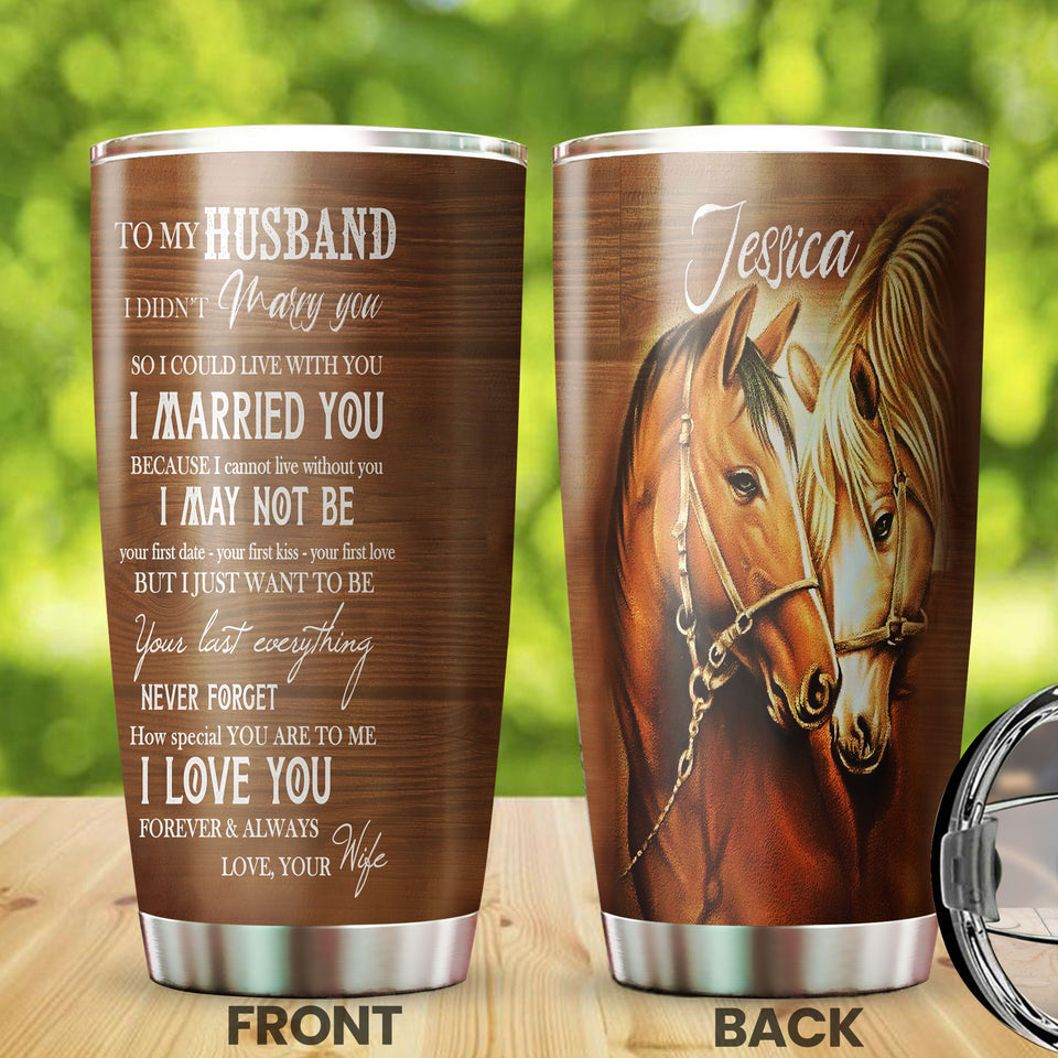 Camellia Personalized Horse Wife To Husband Stainless Steel Tumbler - Double-Walled Insulation Vacumm Flask - Gift For Horse Lovers, Cowgirls, Cowboys, Perfect Christmas, Thanksgiving Gift