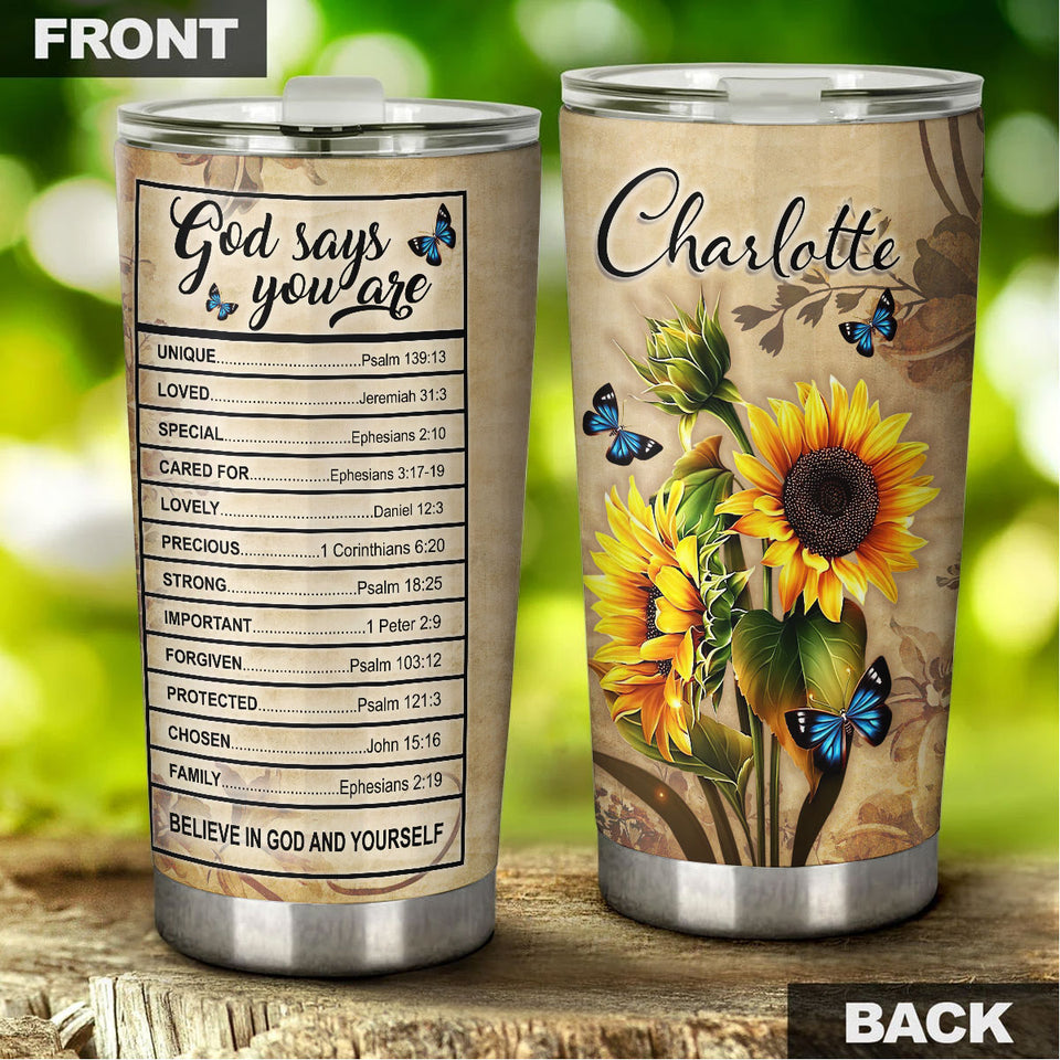 Camellia Personalized Faith God Says You Are Sunflower Stainless Steel Tumbler-Thermal Flask Travel Therma Cup With Lid