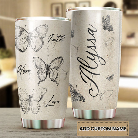 Camellia Personalized Butterfly Faith Hope Love White Stainless Steel Tumbler-Double-Walled Travel Therma Cup With Lid 01