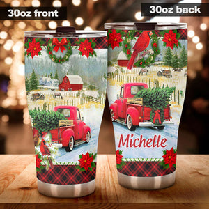 Camellia Personalized Vintage Christmas Truck Stainless Steel Tumbler - Customized Double-Walled Insulation Travel Thermal Cup With Lid