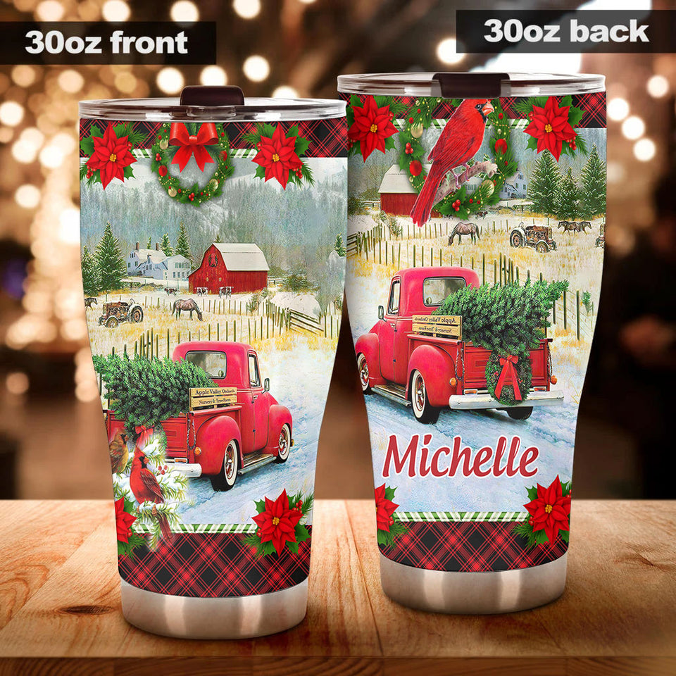 Camellia Personalized Vintage Christmas Truck Stainless Steel Tumbler - Customized Double-Walled Insulation Travel Thermal Cup With Lid