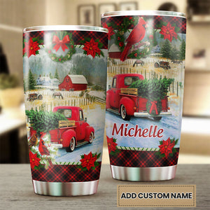 Camellia Personalized Vintage Christmas Truck Stainless Steel Tumbler - Customized Double-Walled Insulation Travel Thermal Cup With Lid